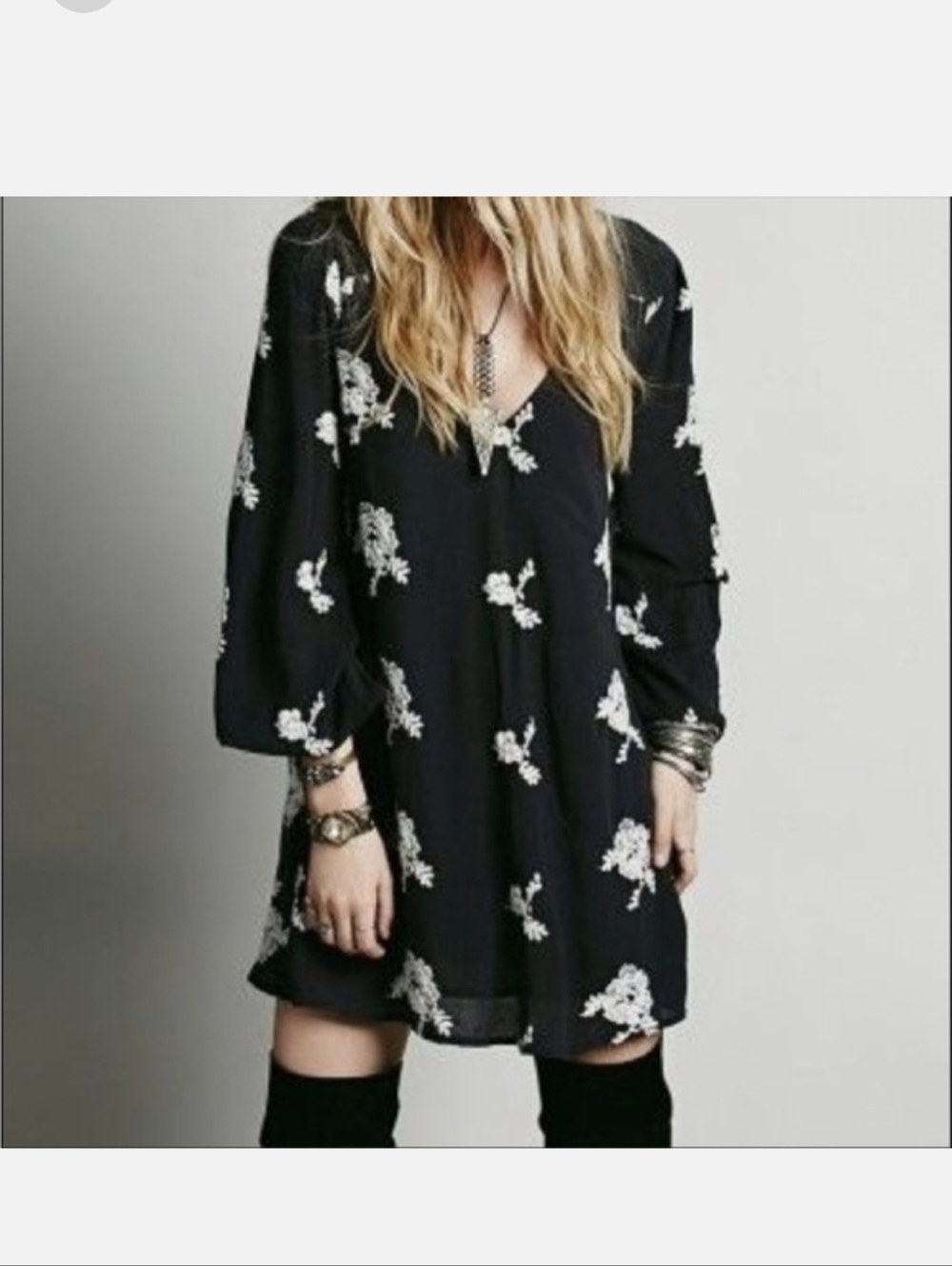 Free People,Black Floral Embroidered Shift Dress, Size S